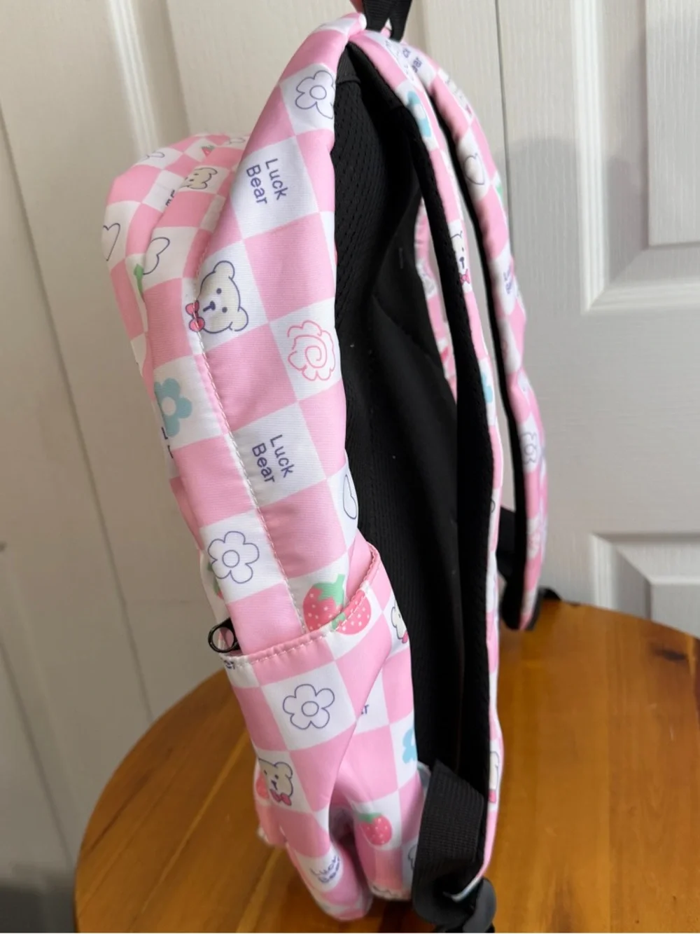 Luck Bear pink white check plaid backpack